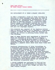 Description by Liam Miller of the project entitled 'The Development of an Irish Alphabet 1953-1961'. (Page 1 of 2)